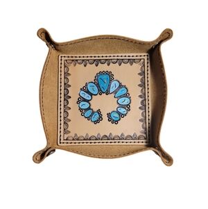 Handmade Leather Valet Tray with Tolled Squashbloom Turquoise Inlay
